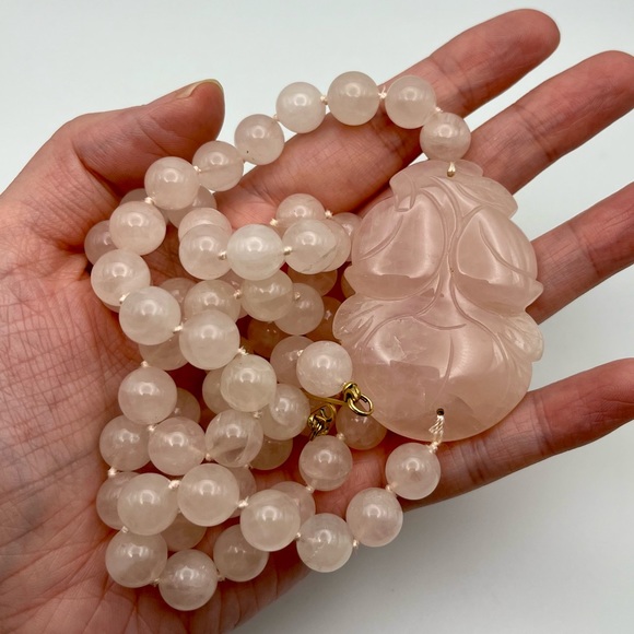 Vintage Chinese Rose Quartz Hand Knotted Mala Lotus Necklace - Picture 2 of 8